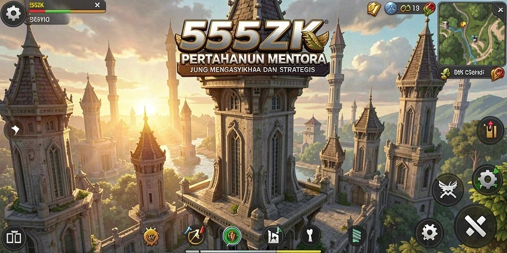 Screenshot utama 555ZK menampilkan aksi strategi menara pertahanan yang intens.