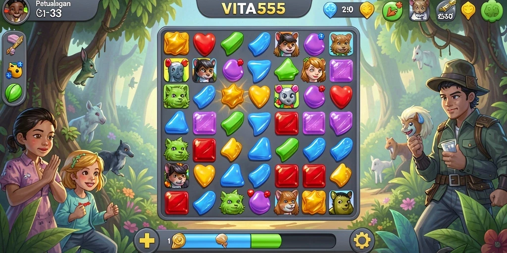 Tangkapan layar VITA555 menampilkan gameplay Match-3 yang penuh warna dan seru.